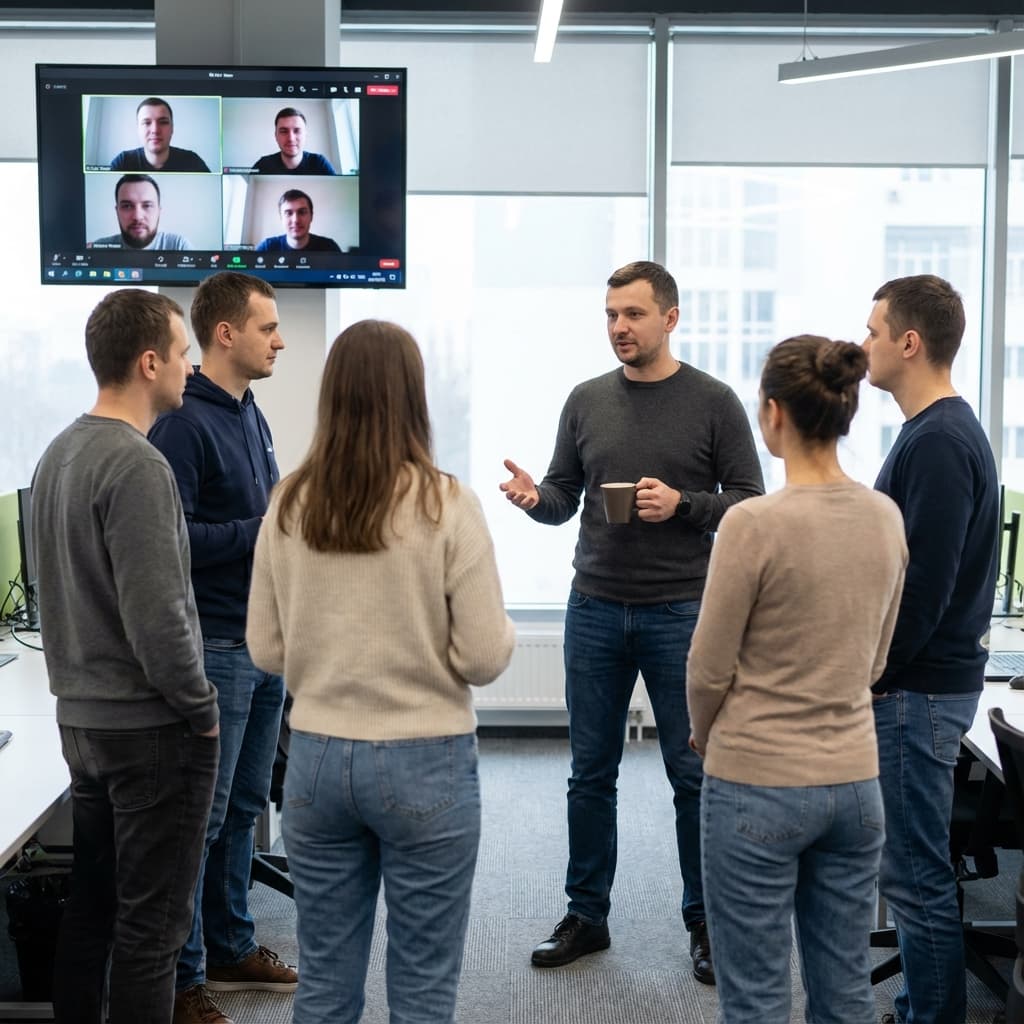 Operational Sync: Kyiv engineering leads conducting a technical synchronization with Israeli product teams.