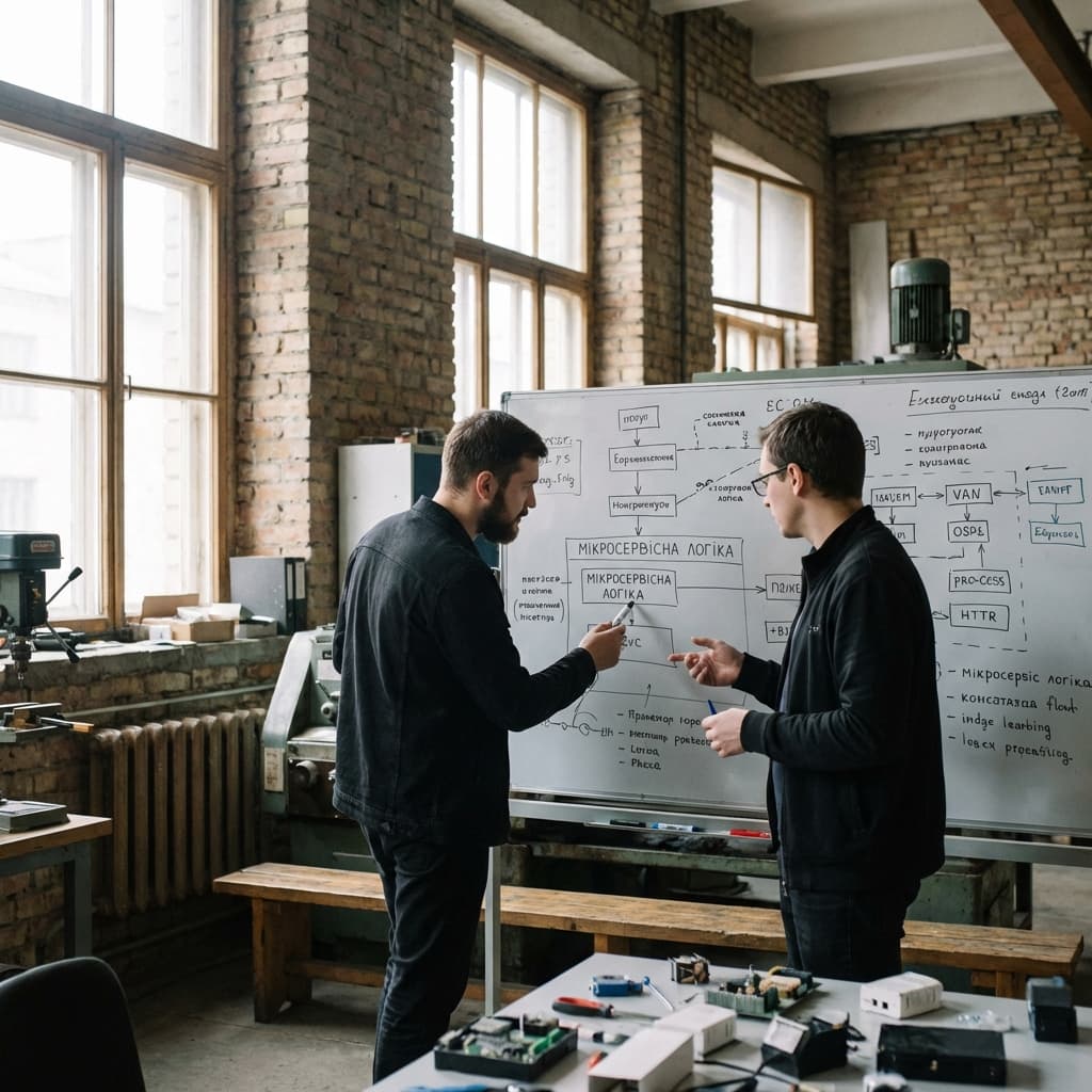 Strategic Governance: Senior engineering leads conducting architectural alignment in our Kyiv district hub.